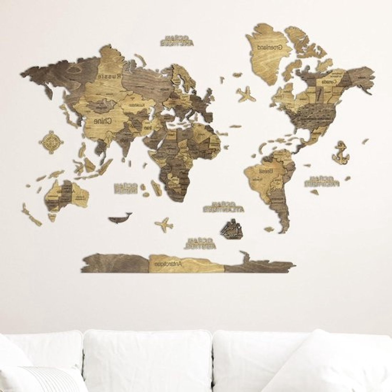 Houten wereldkaartdecoratie - 3D-wandkaart van hout - Wanddecoratie - Meerlagig ontwerp - 150x105 cm - Chocolate