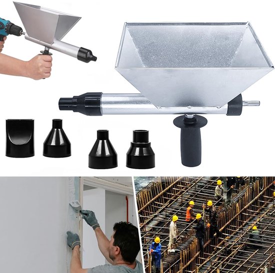 Overzicht van de mortelspuit, vier mondstukken en afbeeldingen van handmatig versus elektrisch voegen.