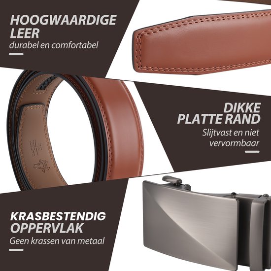 Bruine lederen herenriem met automatische metalen gesp, dikke rand en krasbestendig oppervlak.