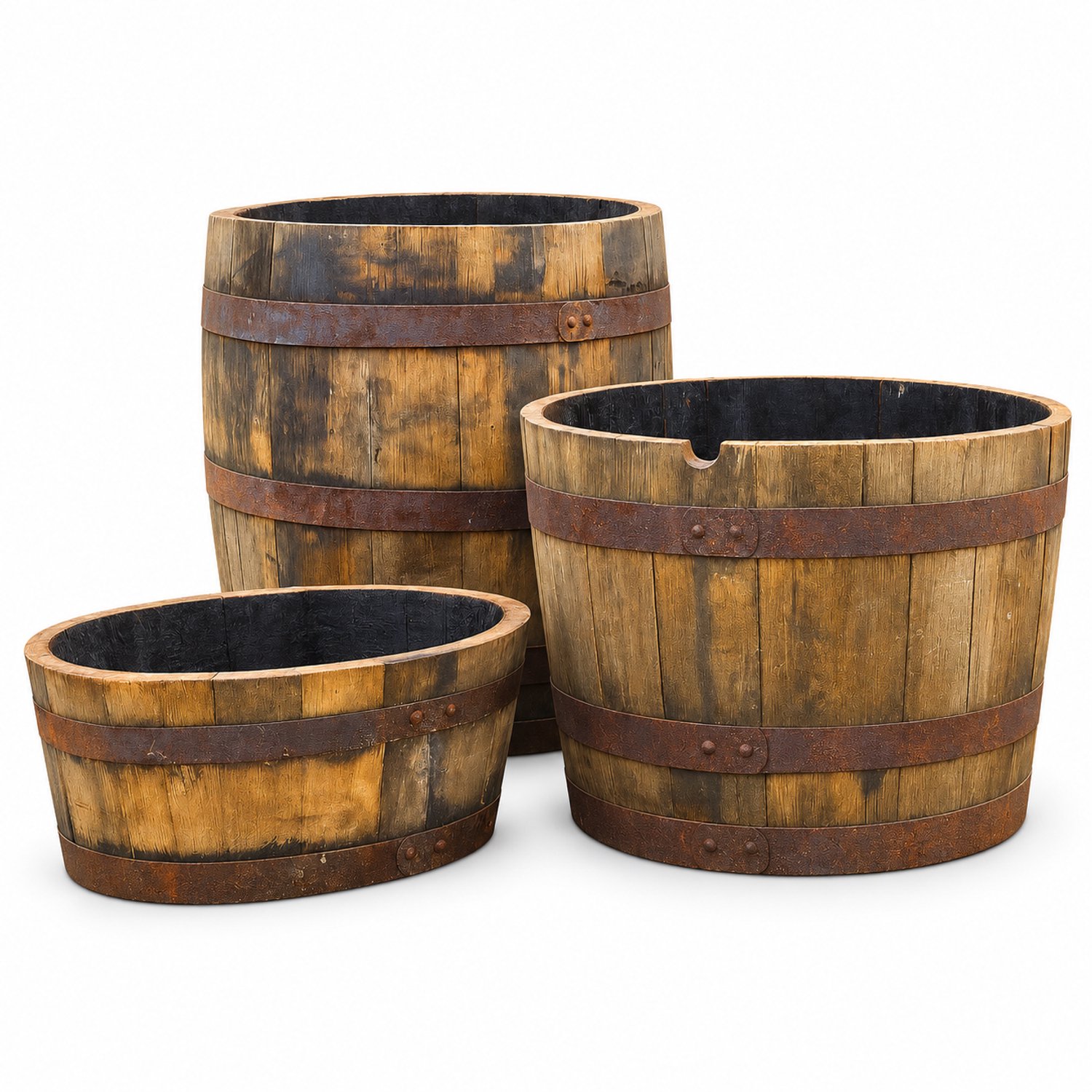 Set van 3 bloembakken van eikenhouten authentieke whiskyvaten – 3/4, 1/2 en 1/4 vaten - plantenbak - tuindecoratie
