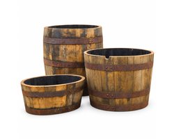 Set van 3 bloembakken van eikenhouten authentieke whiskyvaten – 3/4, 1/2 en 1/4 vaten - plantenbak - tuindecoratie