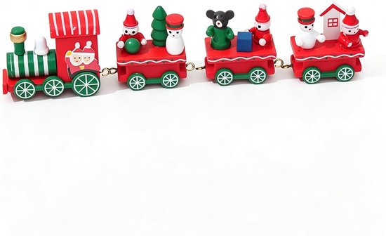 Houten kersttrein met kerstman- en sneeuwpopfiguurtjes tegen een witte achtergrond.