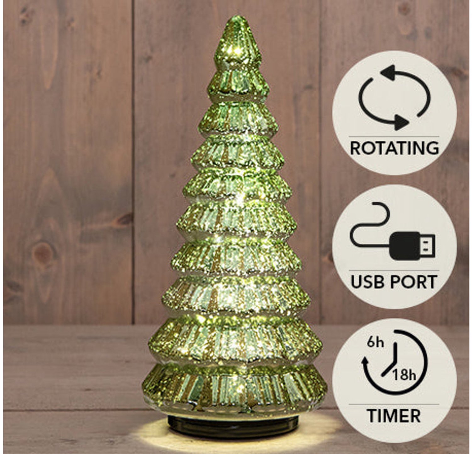 Luxe Glazen LED Kerstboom – 30 cm – Roterend (Draaiend) – Metallic Groen – 20 LED Warm Wit – Met Timer en USB/Batterij – Anna's Collection Decoratieboom