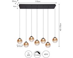 Atmooz Monza 7 Hanglamp – 120x40 cm – Zwart – 7 Pendels – Amber & Smoke Glas – Geïntegreerde LED – Plafondlamp