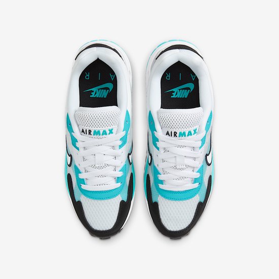 Bovenaanzicht van wit/zwarte Air Max Solo met turkooise accenten en Nike Air-merklogo op de binnenzool.