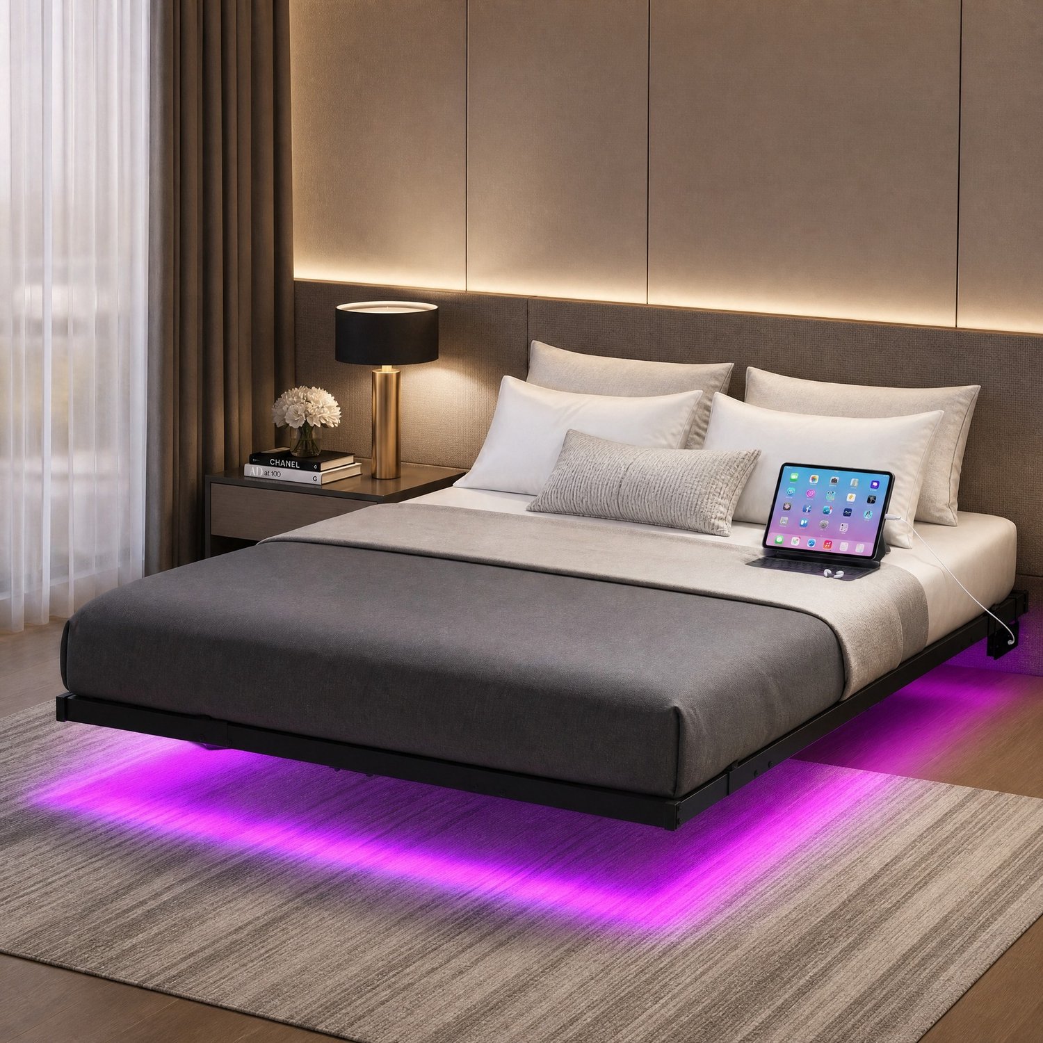 CHICFURN Metalen bedframe 140x200 cm - zwevend ontwerp - LED-verlichting - zwart Zwart-1