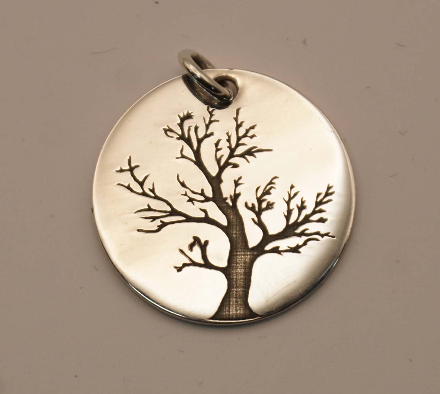 Zilveren hanger levensboom - sterling zilveren hanger boom op rond schildje - boom des leven voor aan ketting - tree of life pendant 925 silver for collier - sierlijke boom als hals hanger