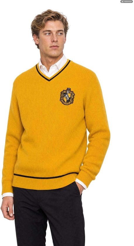 Man met blond haar draagt een gele Hufflepuff-trui met V-hals over een wit overhemd, gecombineerd met een zwarte broek.