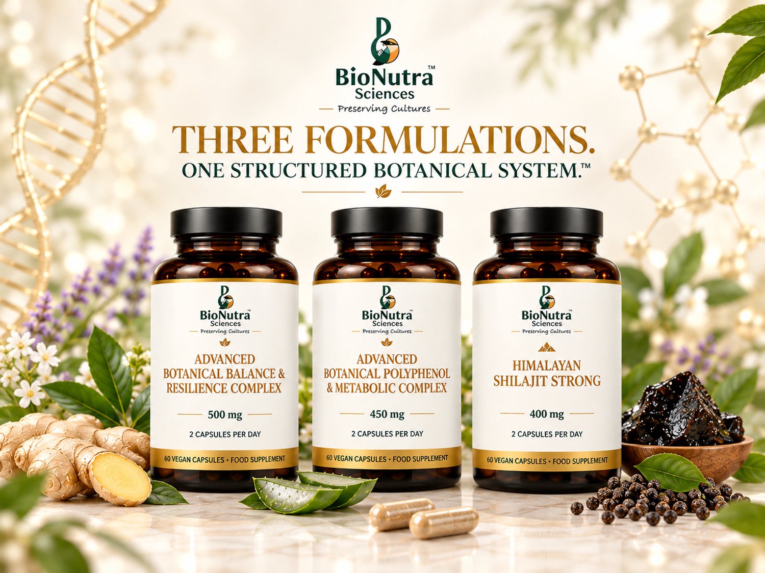 BioNutra Sciences Advanced Botanical System – 3 Botanische Formules in 1 Set – Met Shatavari, Polyfenolen & Himalaya Shilajit – 3 × 60 Vegan Capsules