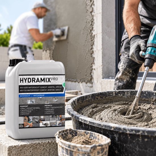Hydramix Pro jerrycan op de voorgrond, terwijl op de achtergrond cement wordt gemengd en een muur wordt gestuct.