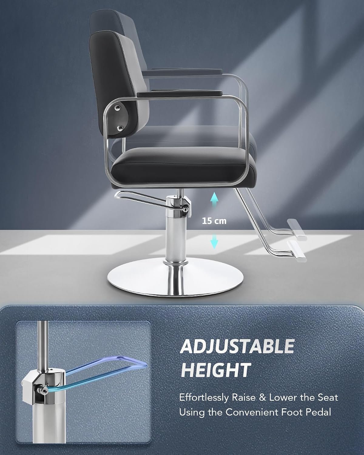 LuxePro Professionele Kappersstoel – Hydraulisch Verstelbaar, 360° Draaibaar, 45-55 cm Zithoogte, 200 kg