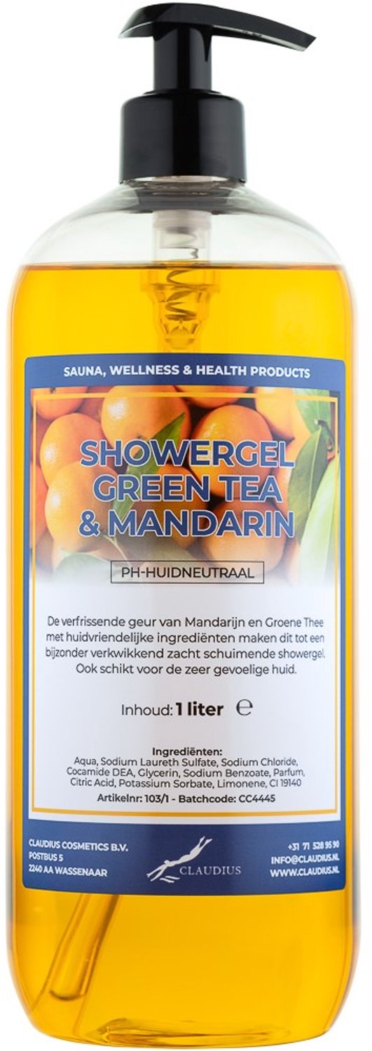 Claudius Douchegel Green Tea & Mandarin 1 liter met gratis zwarte pomp - showergel - navulling - voordeelverpakking