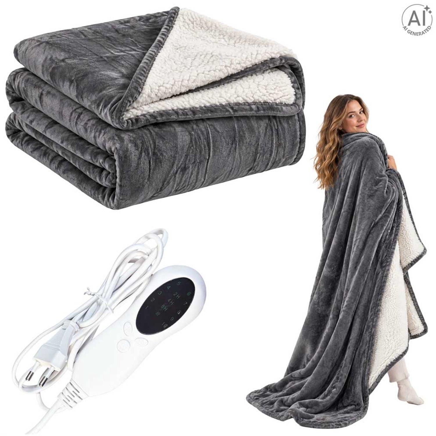 MOZY® - Elektrisch Deken - 180 x 210 cm - Tweepersoons - Extra Groot - 10 Warmtestanden - tot 50 °C - Wasmachinebestendig - met Digitaal Display - Automatische Uitschakeling - Imitatie Schapenwol - Deken