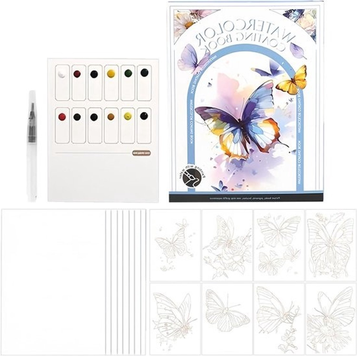 Aquarelboek voor kinderen - Waterverfset - Creatief tekenen - Meerlaagse patroonbibliotheek - 18.6 x 14.2 x 3.5 cm - Vlinder