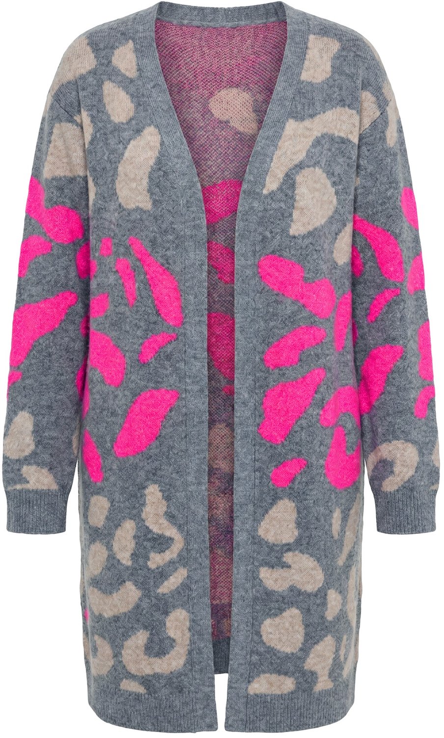 Ulla Popken - Dames - Lange gebreide vest strepen met luipaardprint lange mouwen - Grijs melange - Maat 46+