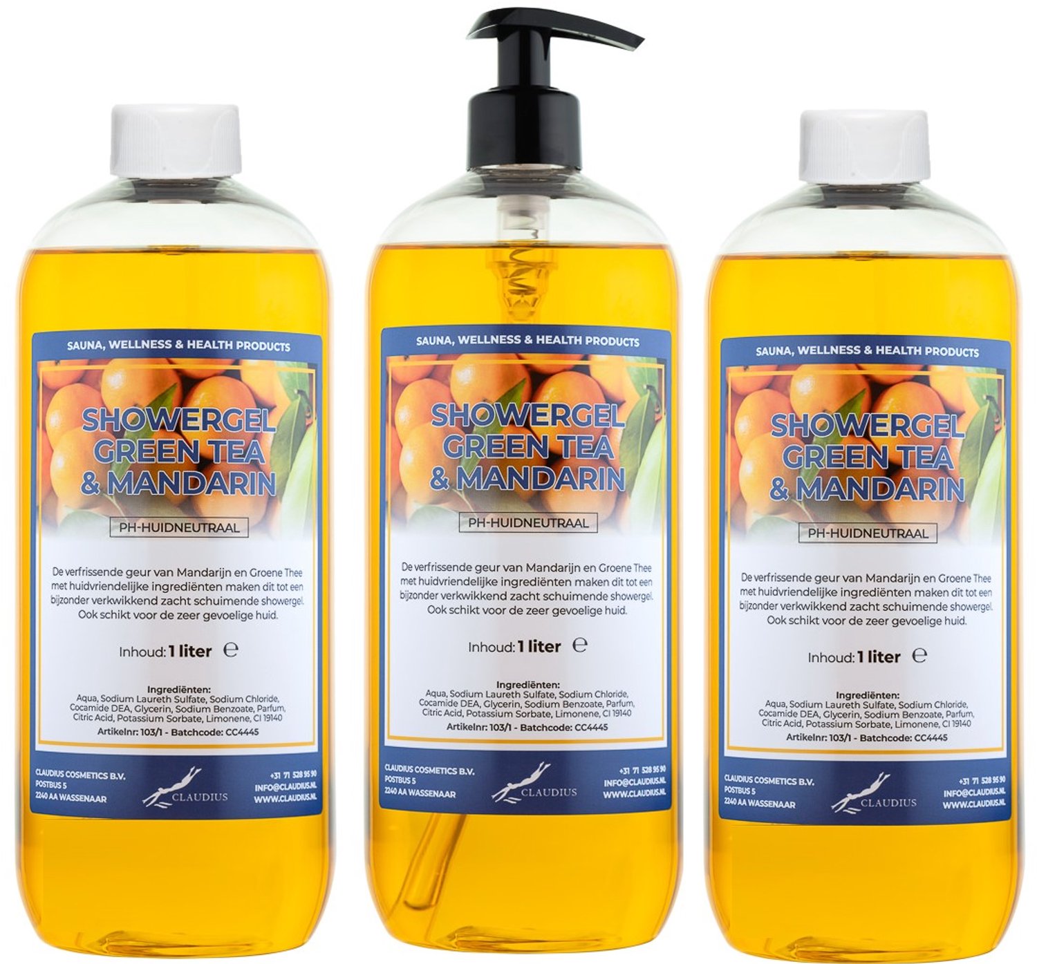 Claudius Douchegel Green Tea & Mandarin 1 liter - set van 3 stuks - met gratis zwarte pomp - navulling - voordeelverpakking