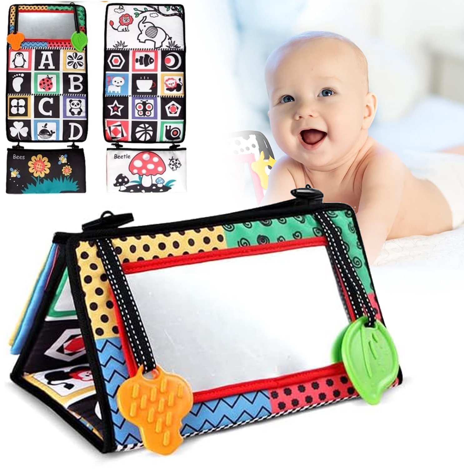 Speeltjes Voor Buikligging Van 0-6 Maanden - Buikspiegel Voor Baby's - Met Stoffen Boekje En Bijtring - Kraamcadeau