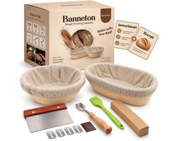 Bondoo Rijsmandje Broodbakken - Banneton - Rijsmandje Brood - Rijsmand Rond Ø 23 cm + Rijsmand Ovaal Ø 25 cm - Zuurdesem starter set - Deegmand - incl deegkleed - Deegmesje - Deegschraper - Deegkwast