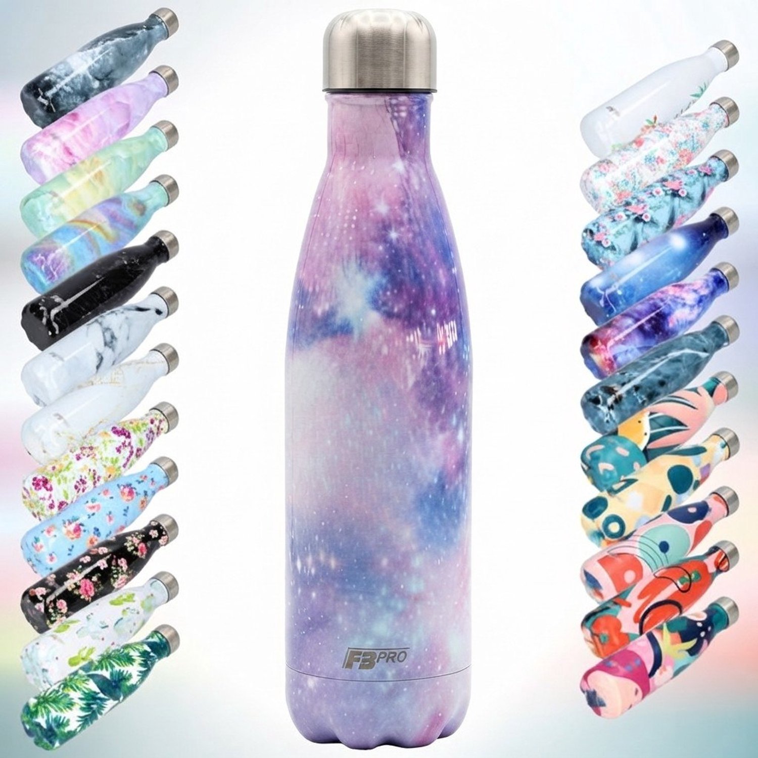FBFS84, Thermosfles, Drinkfles, Waterfles - Modern & Slank Design - Sterrenhemel - blauw - roze - wit - 500ML