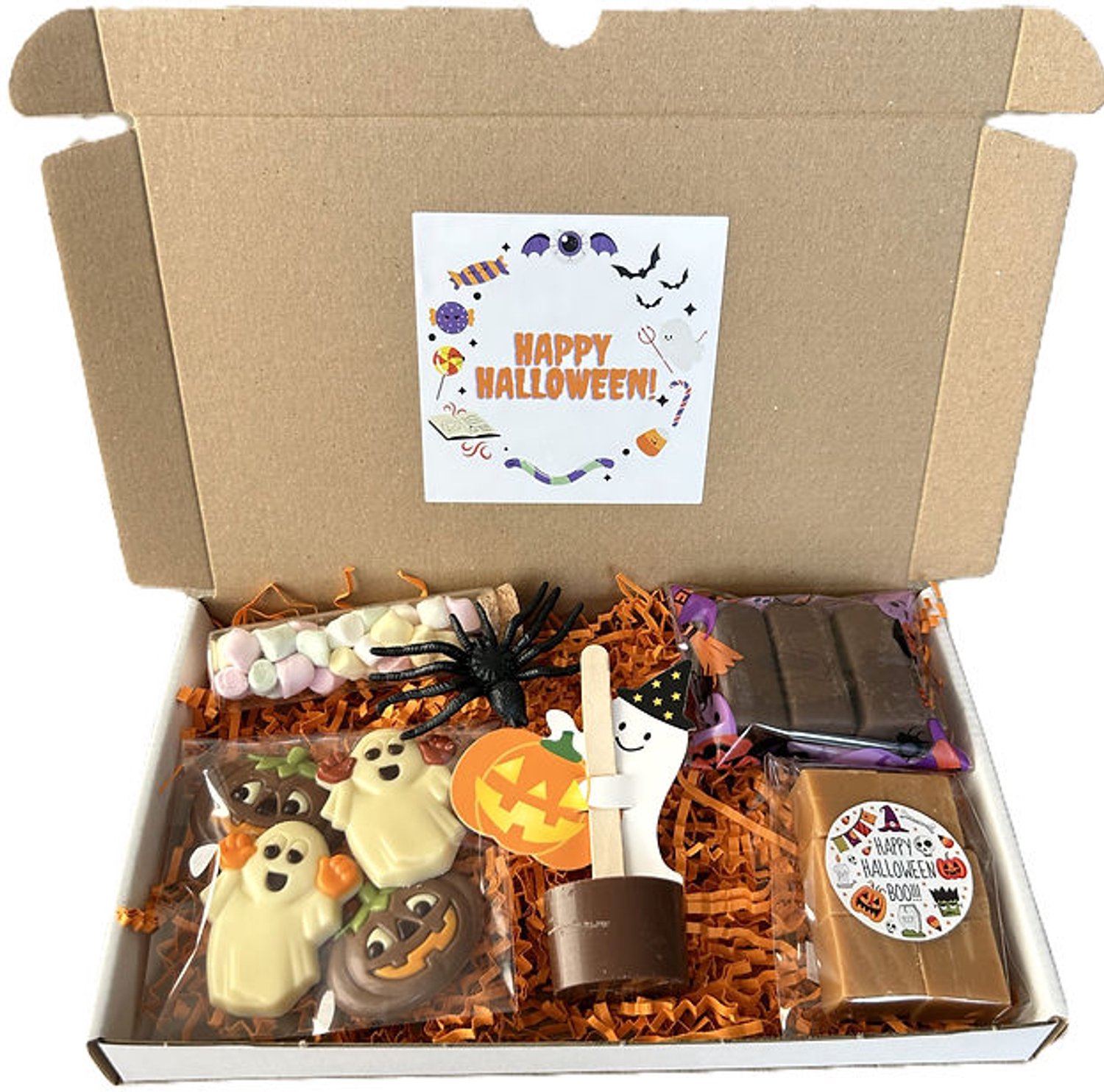 Halloween chocolade brievenbus cadeau - chocostick - spin - spook - pompoen - marshmallow - fudge