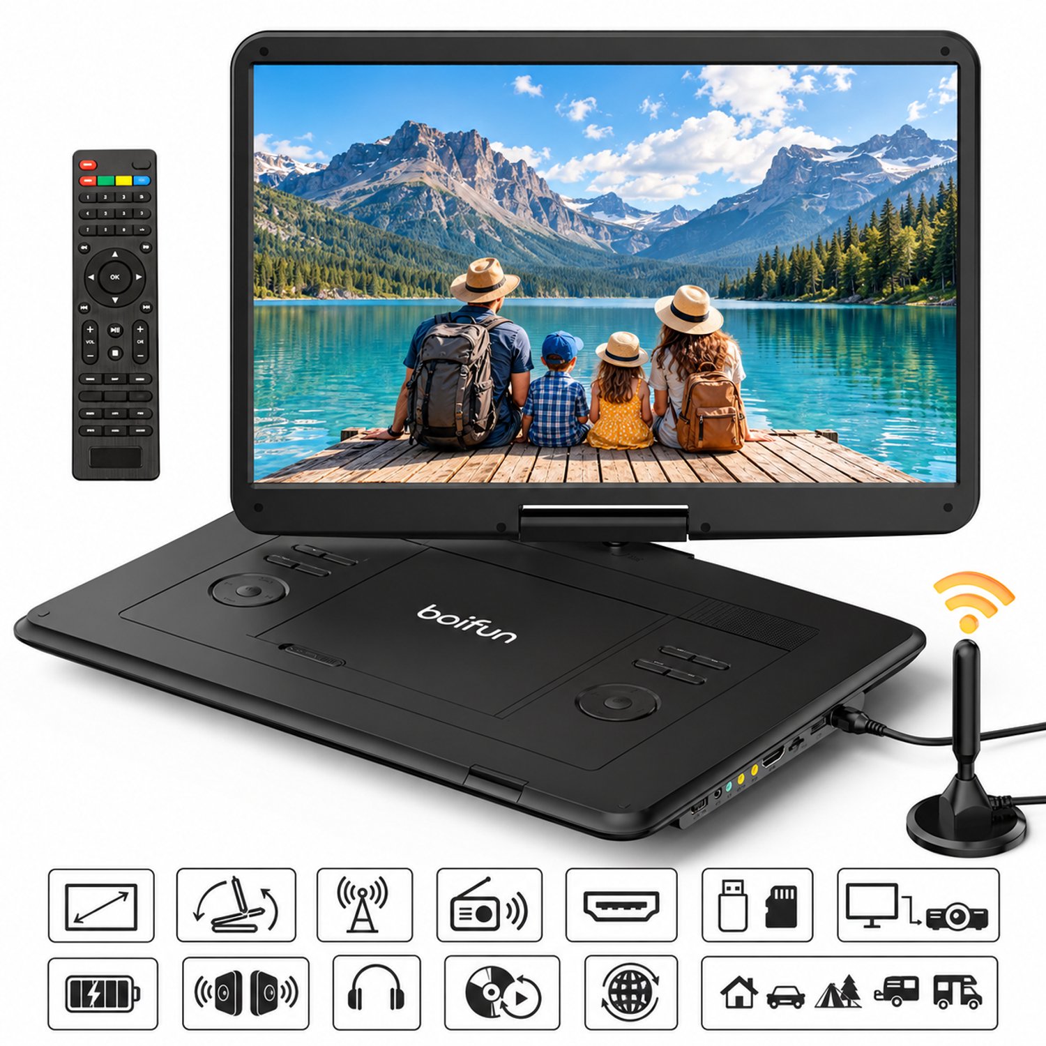 17,5 Zoll Draagbare DVD-speler met 15,6 inch HD-scherm - dvd speler met hdmi, DVB-T2-tv, FM-radio - 5000 mAh accu - Zwart