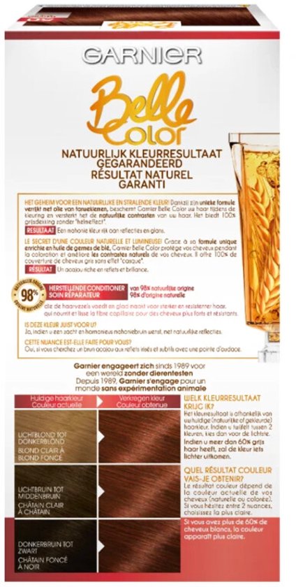 Garnier Belle Color Mahonie haarverpakking met kleurvoorbeeld en informatie over natuurlijke resultaten.