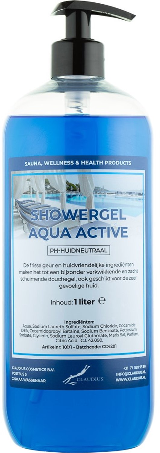 Claudius Douchegel Aqua Active 1 liter met gratis zwarte pomp - showergel - navulling - voordeelverpakking