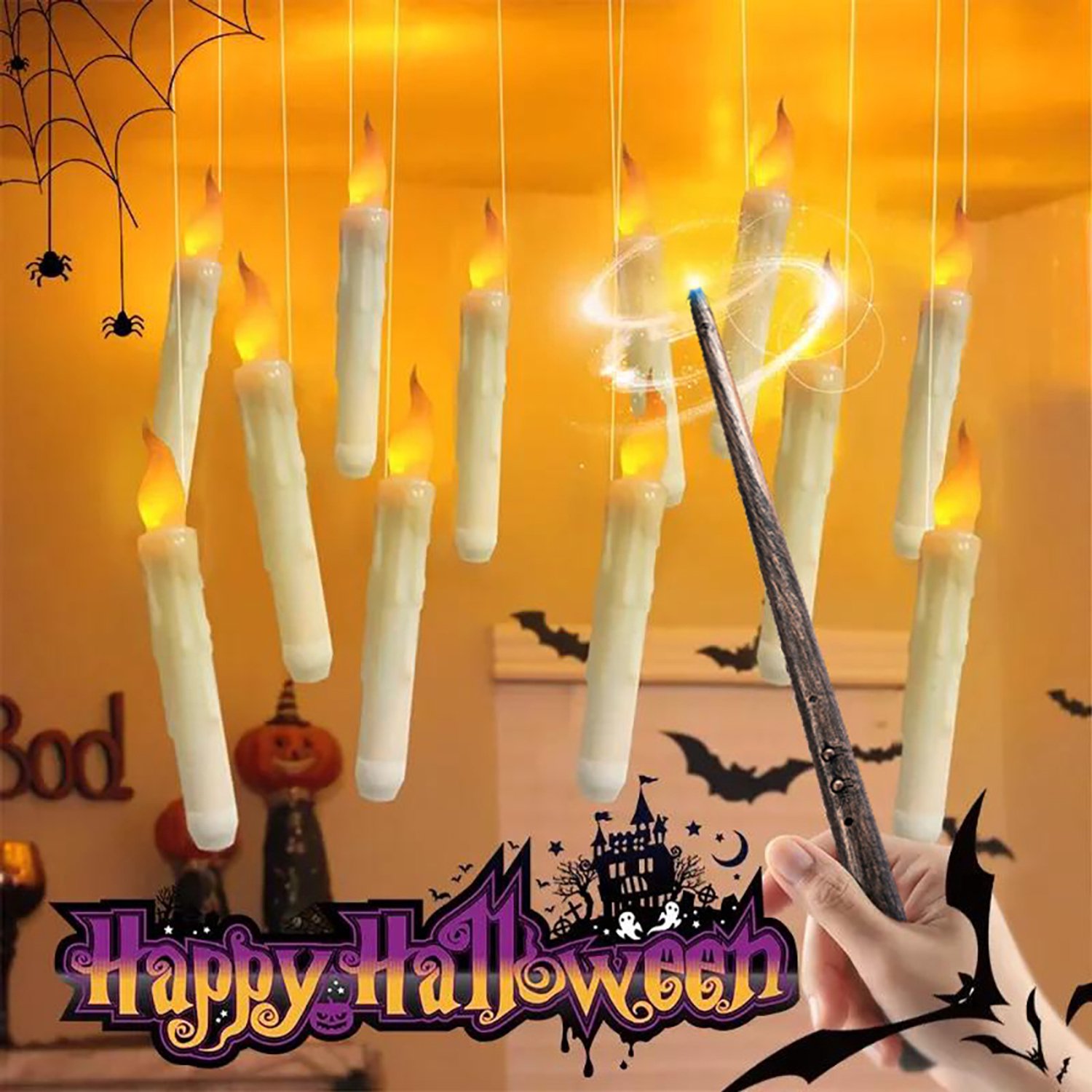 Halloweenversieringen - Drijvende Kaarsen Met Toverstaf - 12 Stuks Vlamloze Kaarsen - Met Warm Flikkerend Licht