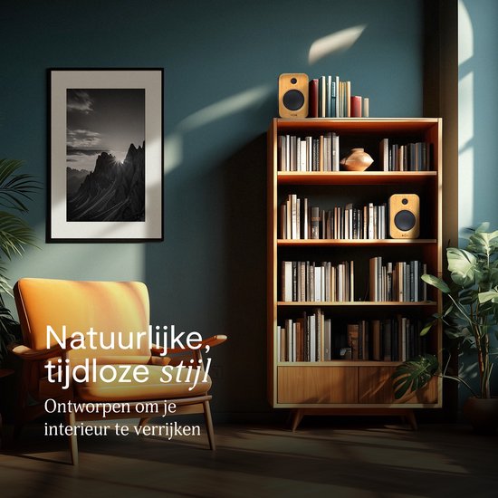 Twee bamboe luidsprekers op een boekenplank in een sfeervol interieur.
