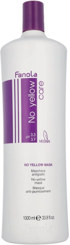 Witte fles Fanola No Yellow haarmasker, 1000 ml, met paars etiket en vegan-logo.