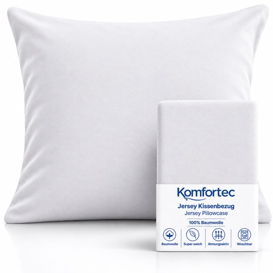 Taie d'oreiller en jersey blanc avec emballage indiquant 100% coton, ultra-douce, respirante et lavable.