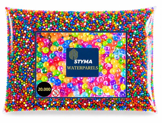 Zak met 20.000 kleurrijke Styma waterparels in diverse felle kleuren.