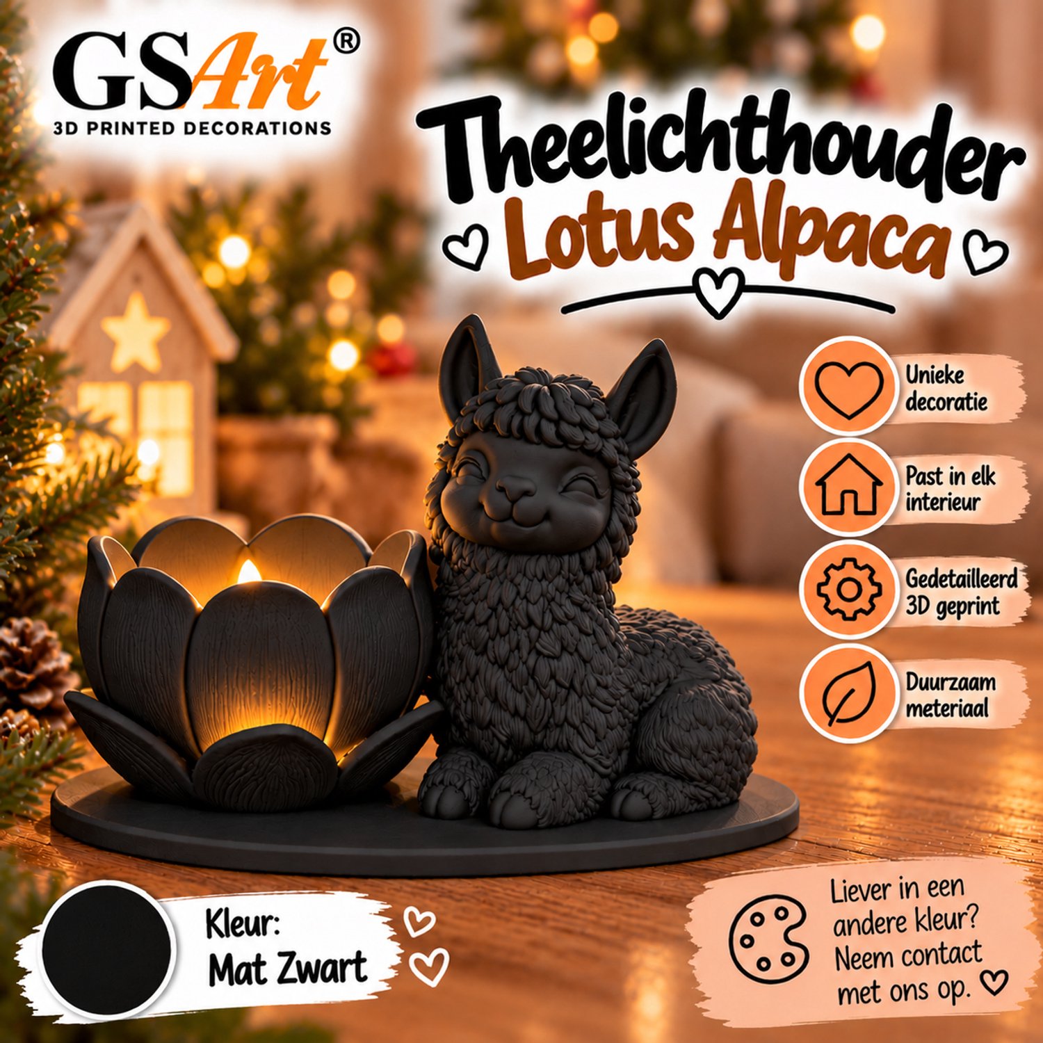 GSArt Theelichthouder Lotus Alpaca – Inclusief LED Theelichtje – 3D Geprint - Mat Zwart
