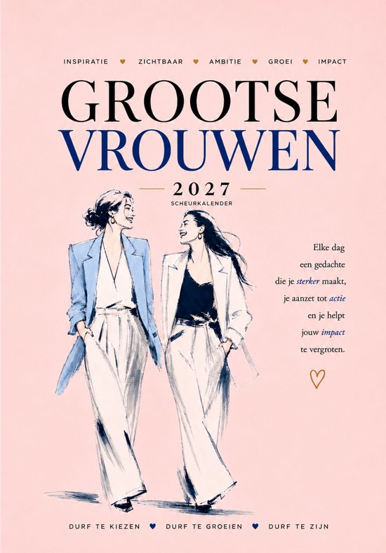 Cover Grootse Vrouwen 2027 met illustratie van twee vrouwen in blazers, op een zachtroze achtergrond.