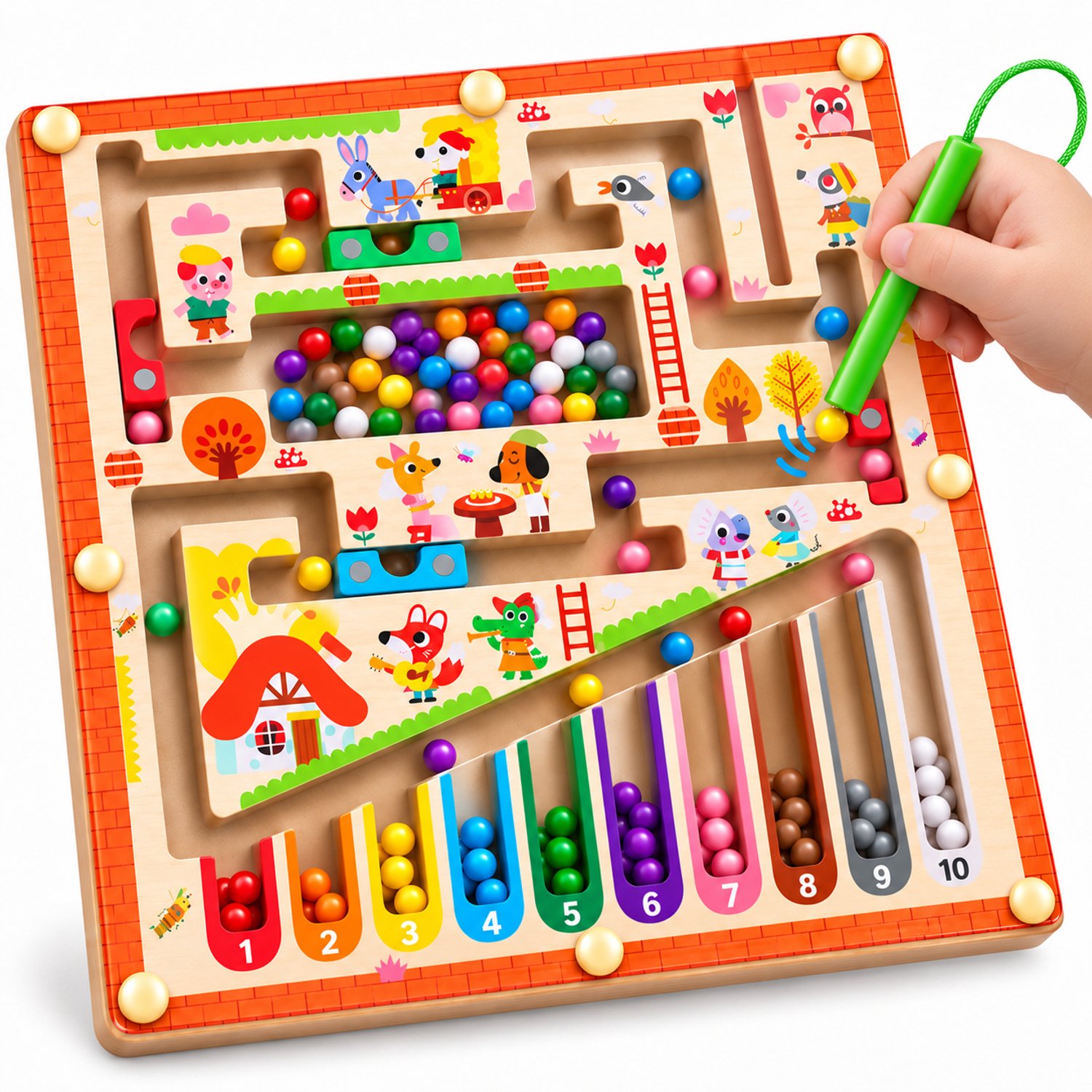 Silvergear® Magnetisch Doolhof Boerderij - Educatief Magneetspel met 55 Ingesloten Balletjes - Kleuren, Cijfers 1-10 en Tellen - Fijne Motoriek - Montessori Reisspeelgoed - Houten Speelgoed - 23 x 24 cm - Cadeau voor 6, 7, 8, 9, 10+ Jaar