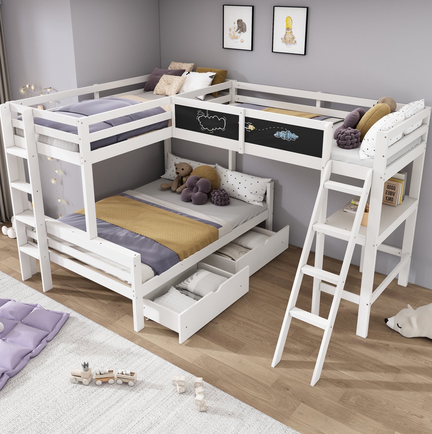Wishdor Kinderstapelbed 140 x 200 cm - Drie slaapplaatsen - Bureau en lades - Ladder met brede antisliptreden - Veiligheidshek - Kinderkamer - Hout - Wit en eikenkleur