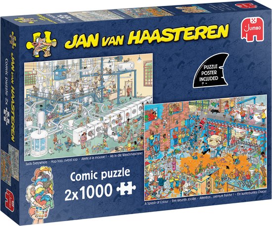 Jumbo Jan van Haasteren 2x1000 puzzeldoos met Suds Everywhere en A Splash of Colour scènes.