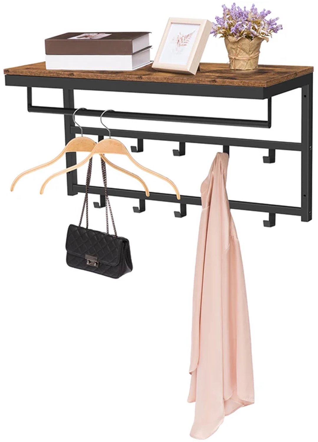 Heidat kapstok - Wandkapstok met plank - wandgarderobe - 10 haken - rustiek bruin - 65 × 30 × 42 cm