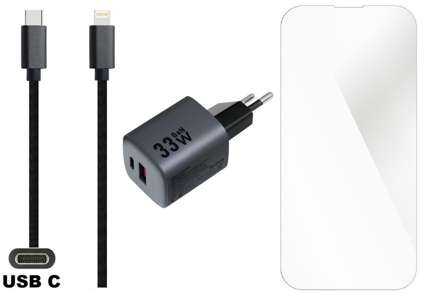 OneOne 33W super snellader met 2 poorten en screenprotector van glas voor iPhone 12 Pro Max + 1,5m sterke USB C naar Lightning kabel. GaN lader. PD PPS oplader adapter. Glazen screenprotector past op Apple iPhone 12 Pro Max