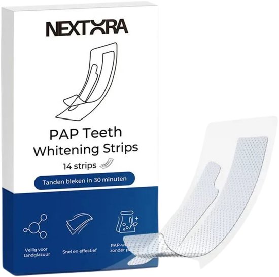Nextora verpakking met 14 tandenbleekstrips, inclusief twee doorzichtige strips voor wit, veilig bleken in 30 minuten.