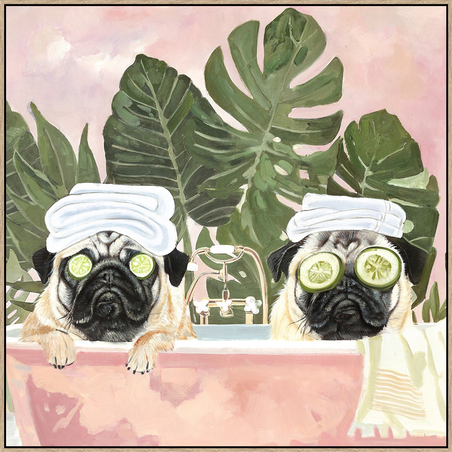 Schilderij met frame pugs in bad