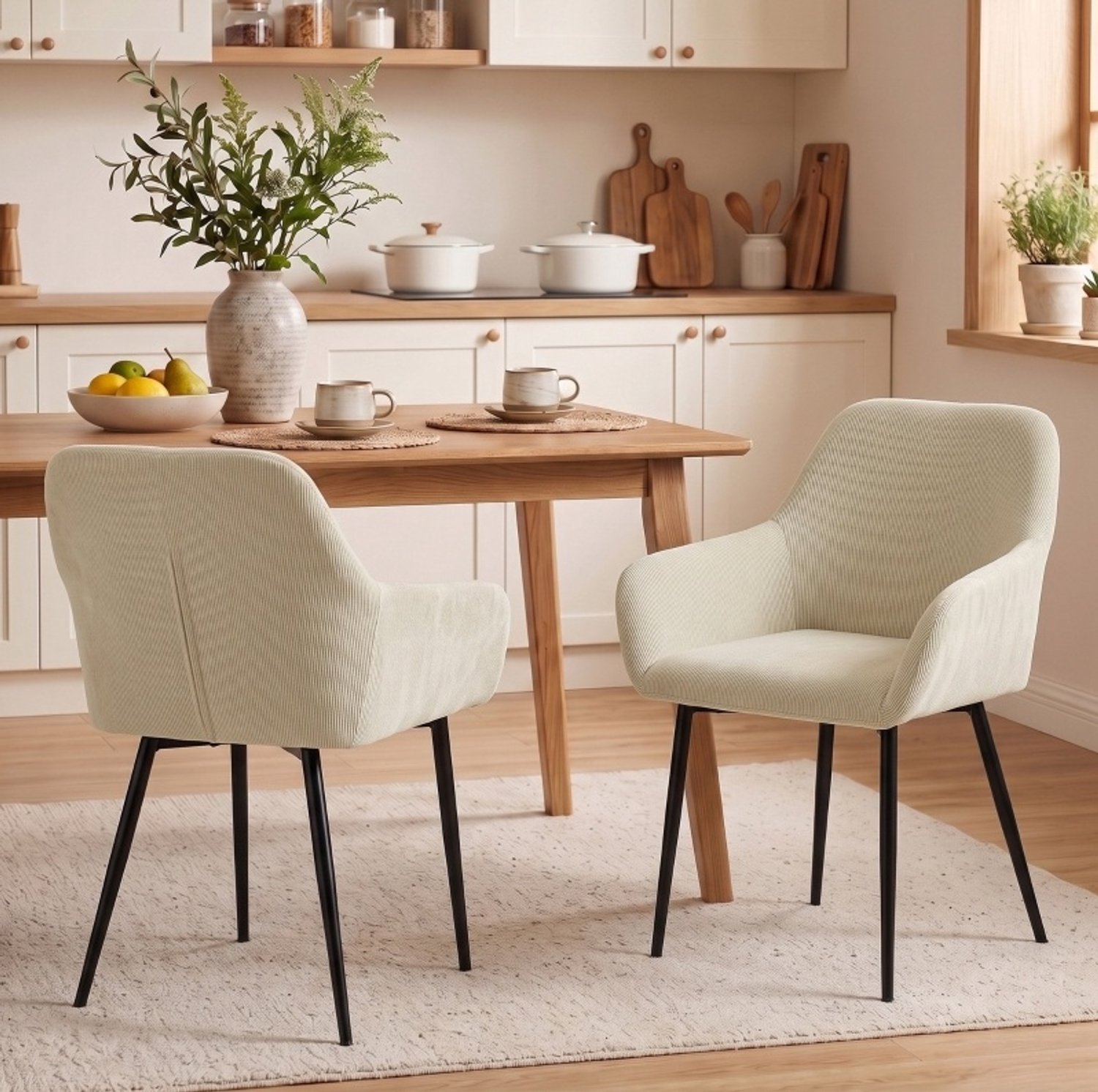 STILVORA Eetkamerstoelen 58 x 59,5 x 81,5 Cm – Set Van 2 Met Armleuningen En Gewatteerde Zitting – Voor Eetkamer En Thuiskantoor – Stof Crème