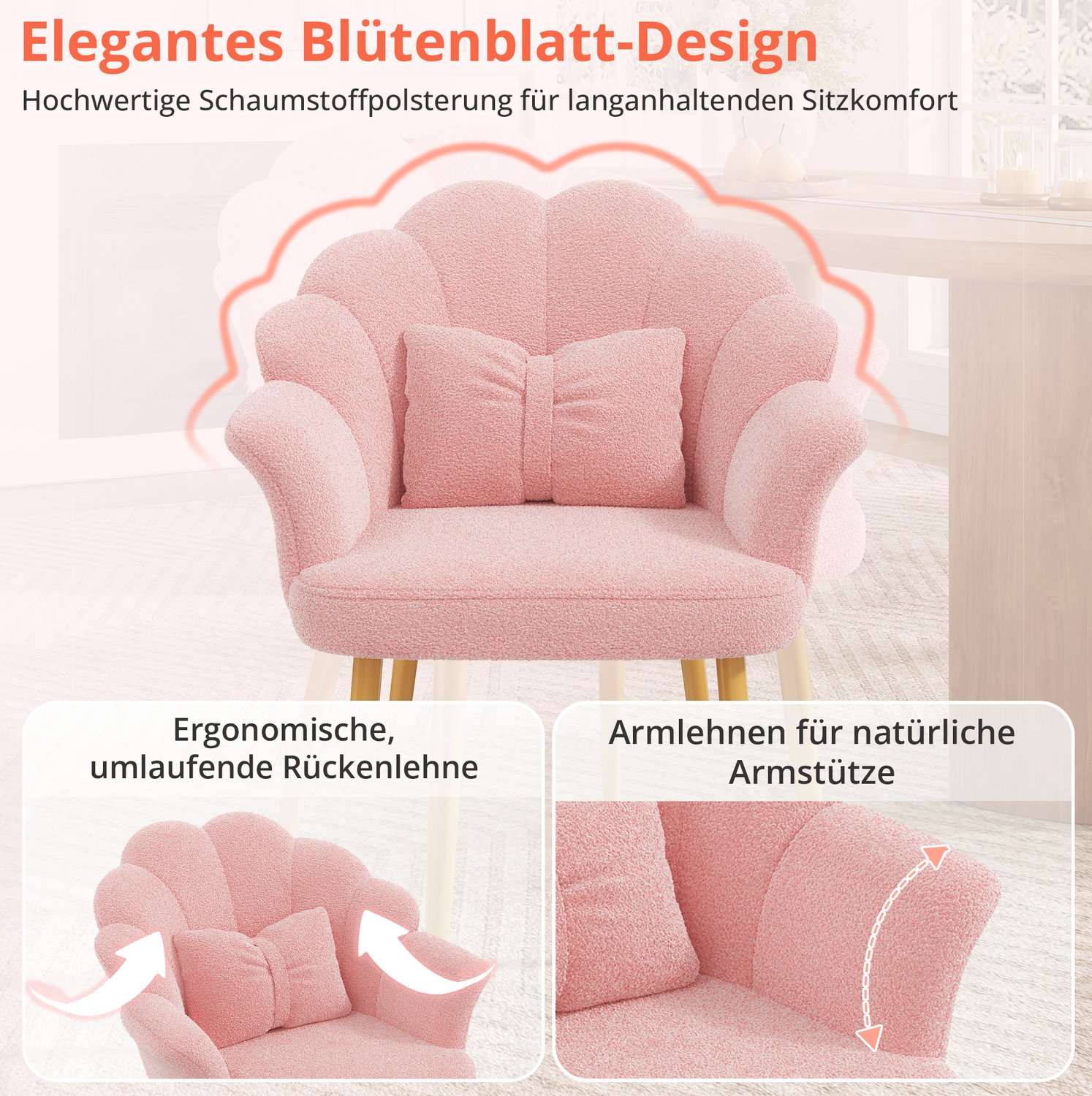 STILVORA Eetkamerstoel Set Van 2 - 64 Bij 65,5 Bij 85 Cm - Bloemvormige Rugleuning Met Armleuningen - Voor Eetkamer En Slaapkamer - Teddy Stof Roze