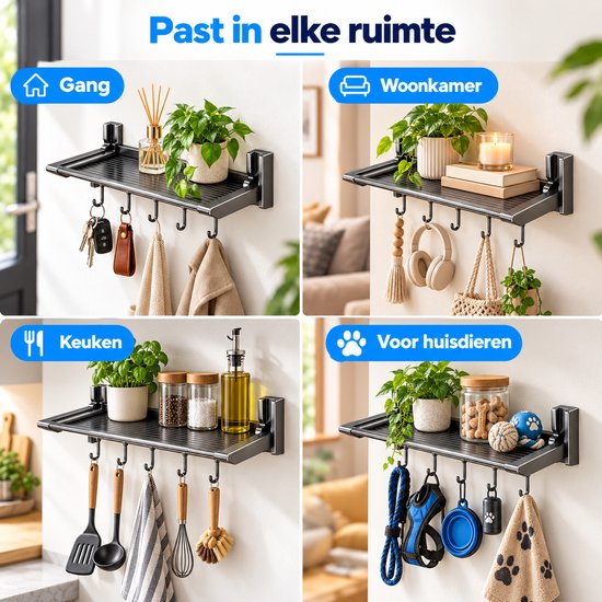 Veelzijdige grijze wandplank getoond in gang, woonkamer, keuken en voor huisdieraccessoires.