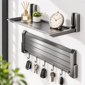OUYLAF Sleutelrekje Opvouwbaar Aluminium - Sleutelkastje voor Binnen en buiten - 18x39x8 cm (BxLxH) - Sleutelbakje met 5 Haaks - Sleutelopberger voor Muur - Sleutelplank - Grijs