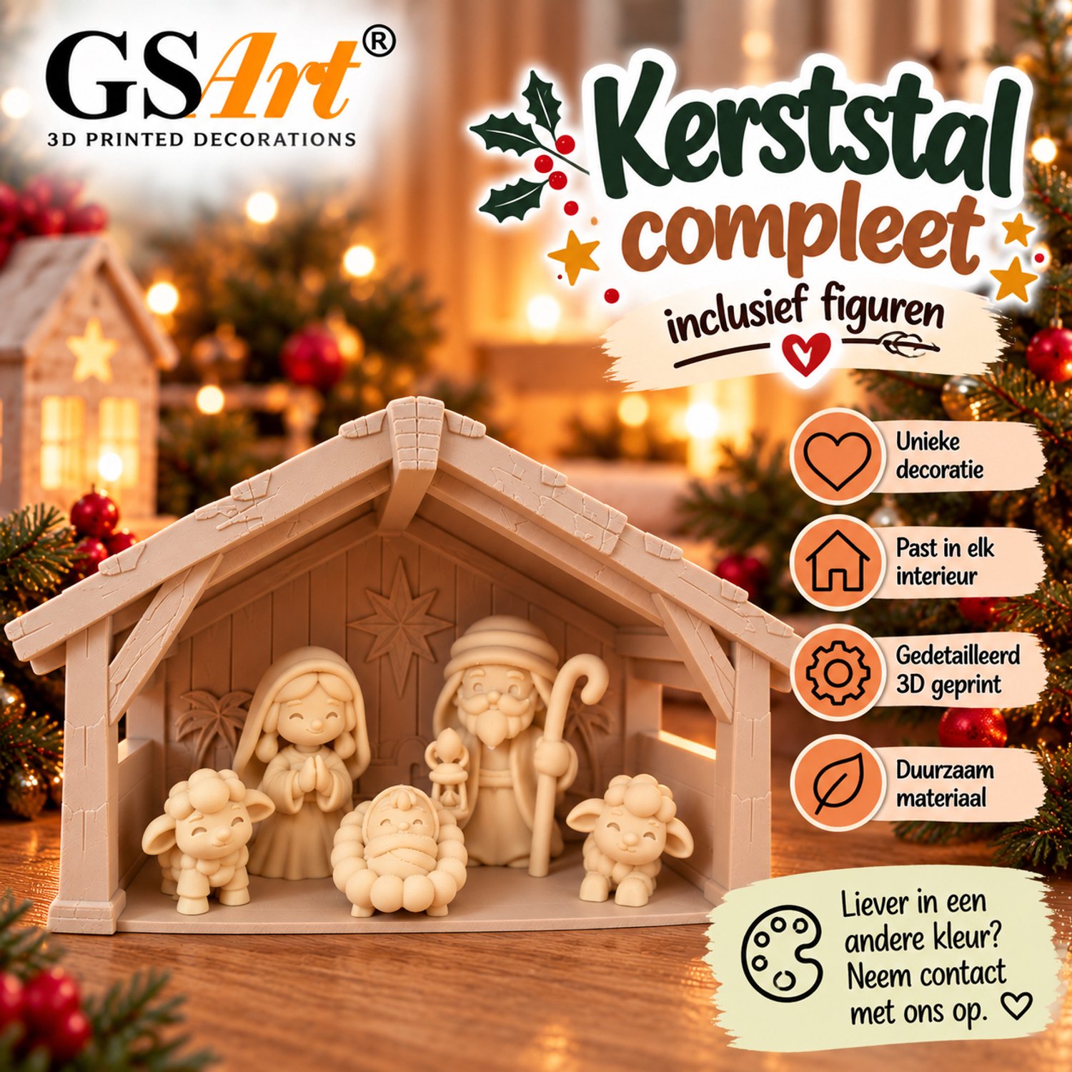 GSArt Kerststal Compleet met 5 Figuren – 3D Geprint – Kerstdecoratie