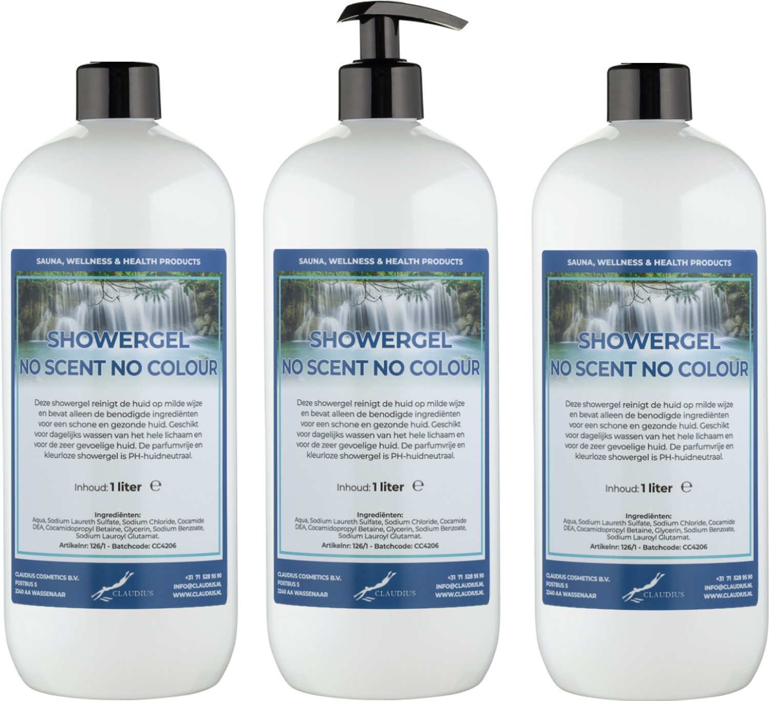 Claudius Douchegel No Scent No Colour 1 liter - set van 3 stuks - met gratis zwarte pomp - navulling - voordeelverpakking