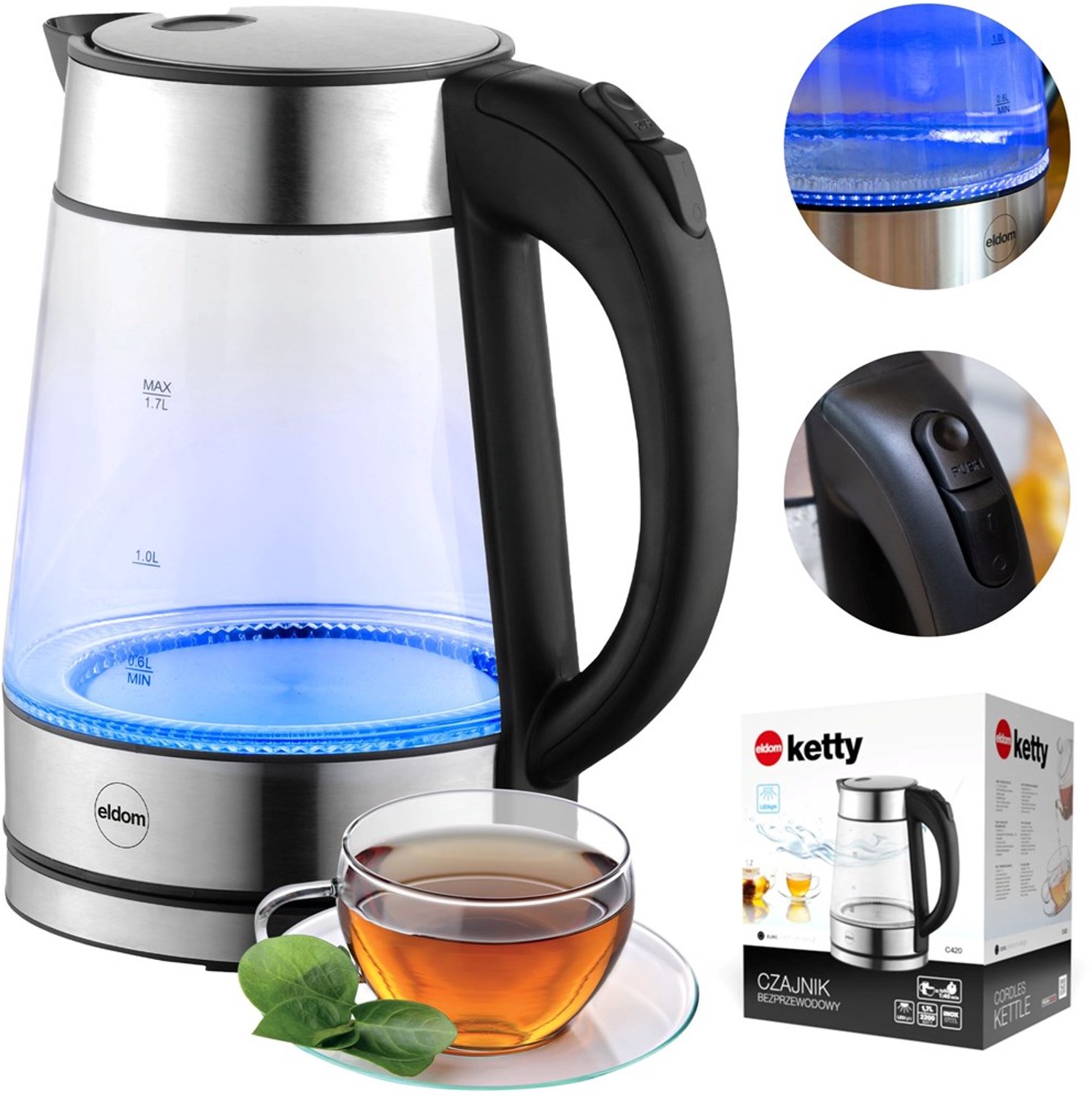 Eldom Ketty glazen waterkoker C420 - 1,7 liter, 2200 W, glas en metaal
