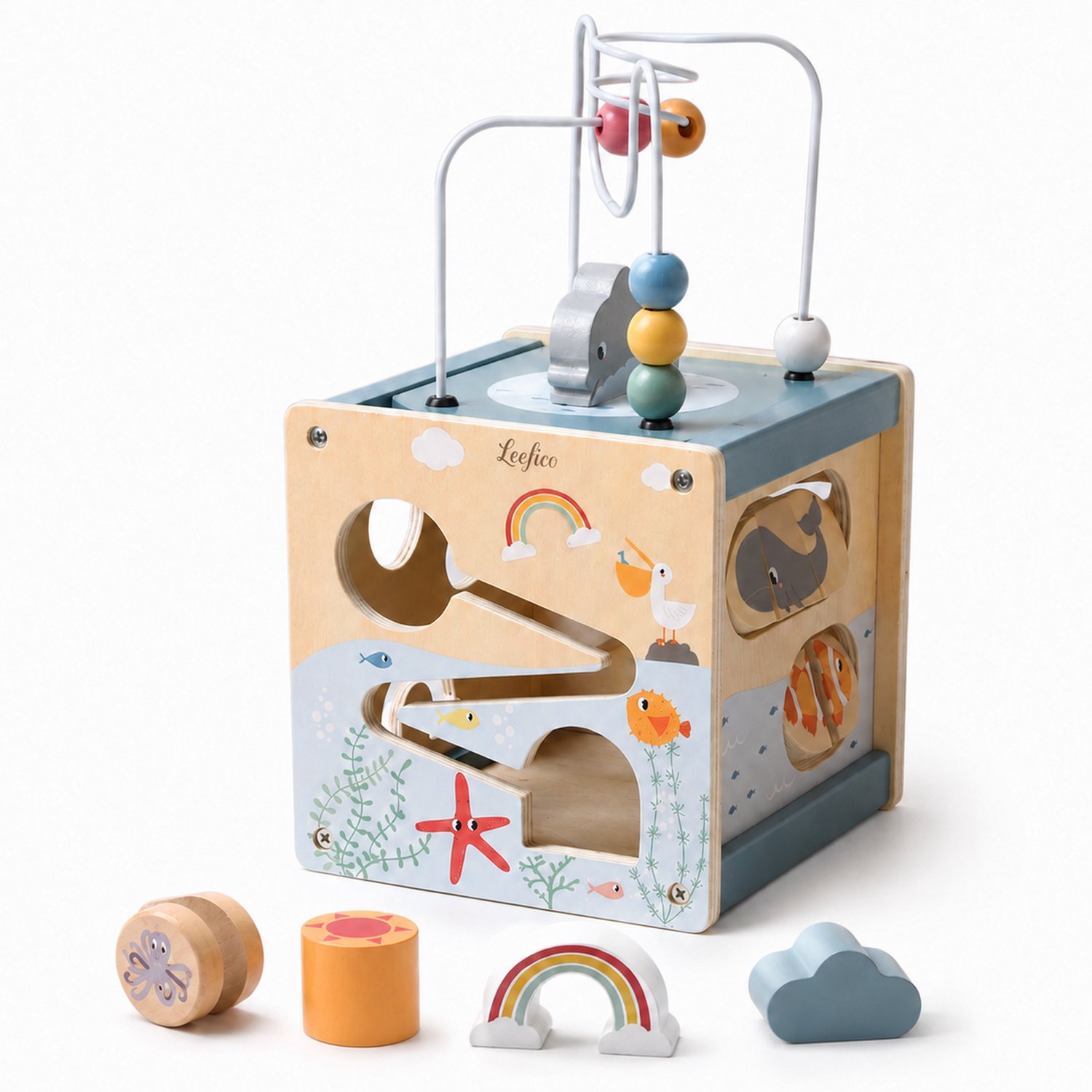Leefico Houten Activiteiten Kubus - Montessori Speelgoed voor Baby - Sensorisch Educatief Kinderspeelgoed 1 jaar - Houten Speelgoed voor Peuters - Blauw