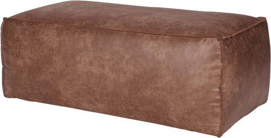 Rechthoekige WOOOD Rodeo poef in cognac gerecycled leer met een vintage textuur.